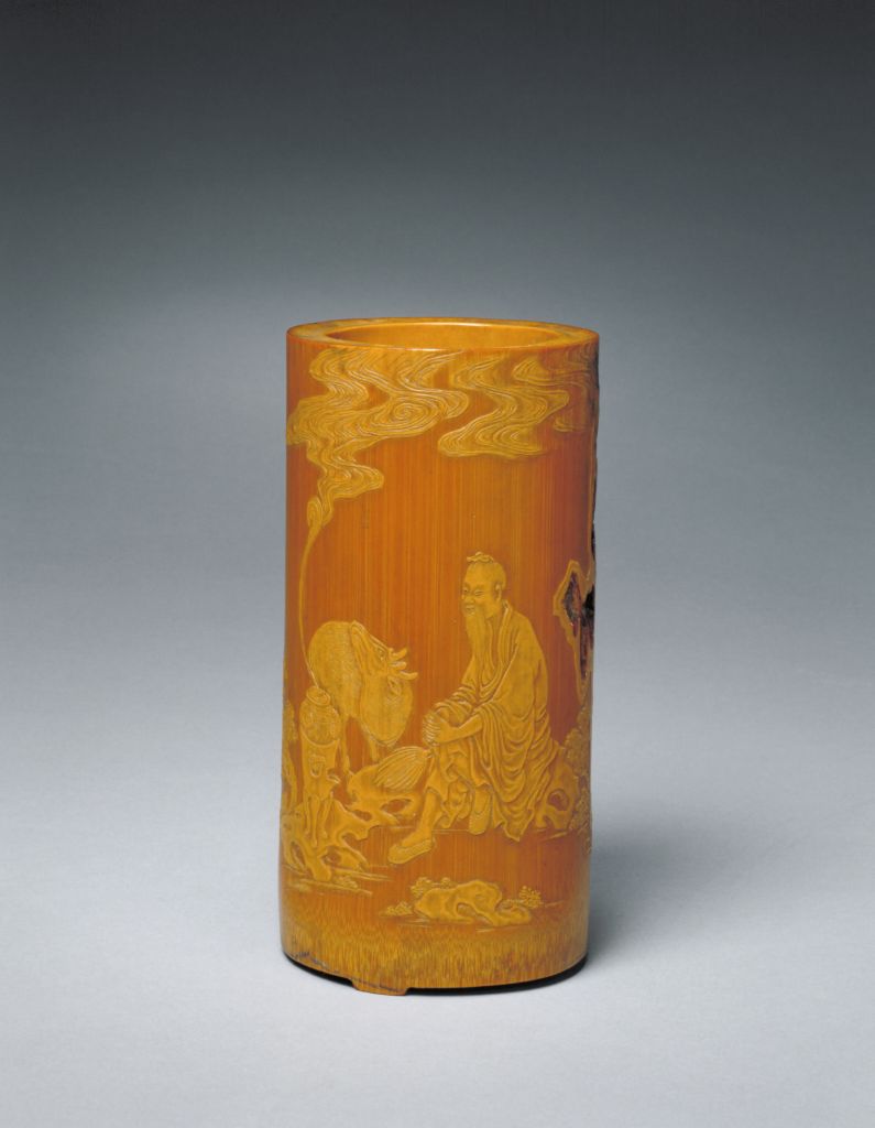 图片[1]-Bamboo carving with green landscape figure pen holder-China Archive